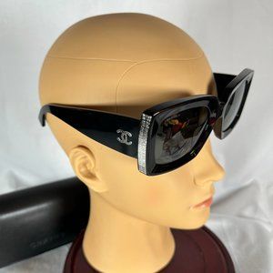 CHANEL NIB Black Acetate Rectangle Sunglasses 5435